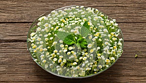 Chamomile flower mint leaves composition  on white