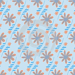 Chamomile flowers on blue background seamless pattern for textile and packaging design, illustration simple flat art