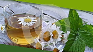 Chamomile fragrant warm tea in a glass cup on a wooden background. Summer still life with a bouquet of wildflowers and a medicinal