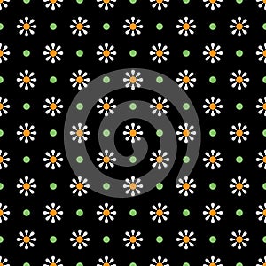 Chamomile geometric seamless pattern. Isolated daisy on black background, abstract simple flower design. Modern minimal