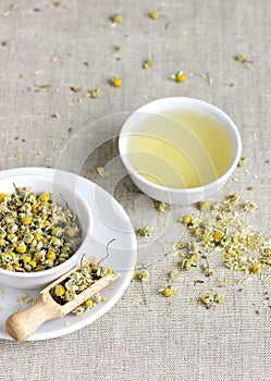 Chamomile herbal tea in chinese cup and glass jar with dry herb flowers, above overhead view