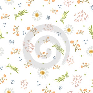 Chamomile Lawn Daisy Wildflower Motif Background. Naive Margerite Flower Seamless Pattern on White. Delicate Leaves Hand photo
