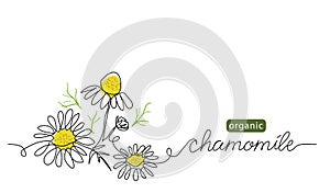 Chamomile, meadow daisy, camomile flowers vector illustration. Background for label design. One continuous line art