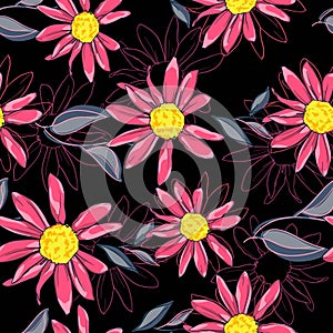 Chamomile print for textie vector illustration, dark floral background