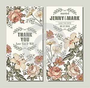 Wedding invitation Frame Beautiful flowers Chamomile Roses hibiscus mallow Vector victorian Illustration Drawing engraving
