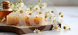Chamomile soap. Handmade soap with chamomile flowers and honey. Natural fresh Fragrant chamomile scent. Ai generated