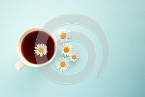 Chamomile tea. On a blue background, a white cup with tea and daisies. Place for your text