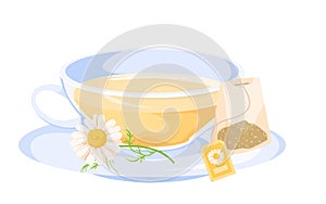 Chamomile tea cup, teacup with herbal hot drink, flower and leaf, paper bag on plate