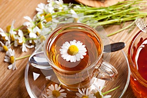 Chamomile tea with fresh herb and honey on wooden flooring