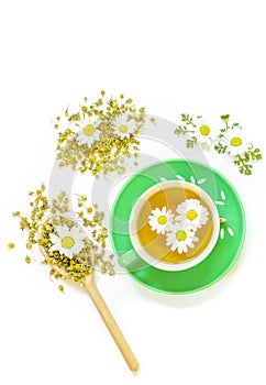 Chamomile tea in cup isolated on white background.