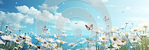 Chamomiles daisies macro in summer spring field on background blue sky with sunshine and a flying butterfly