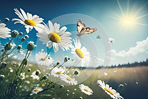 Chamomiles daisies macro in summer spring field on background blue sky with sunshine and a flying butterfly, nature panoramic view
