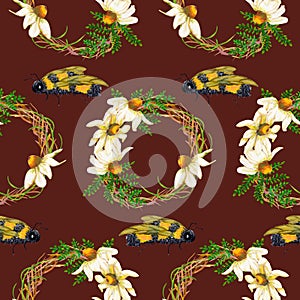 Chamomille wreath in a seamless pattern design