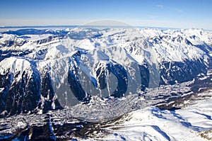 Chamonix Mont Blanc - best destination for winter holiday full of skiing, snowboarding and relaxing. The top view of this town.