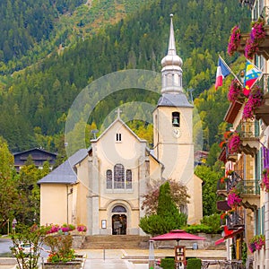Chamonix Mont Blanc, church of St Michel in autumn