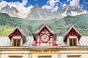 Chamonix Mont blanc train station, les Aiguilles de Chamonix in the backgound, The Alps France