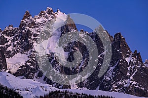 The Chamonix Needles at twilight. Mont Blanc mountain range, Chamonix, Haute-Savoie, Alps, France