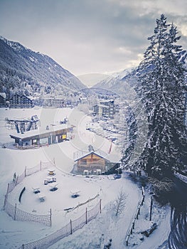 Chamonix snowy landscape with ski slope. France.