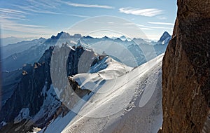 Chamonix, south-east France, Auvergne-RhÃ´ne-Alpes. Climbers heading for Mont Blanc. Descending from Aiguille du Midi cable car st