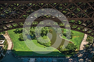 Champ de Mars Park garden in a sunny day, seen from Eiffel tower terrace in Paris.