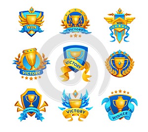 Champ emblem. Golden cup trophy badge. Sport competition or first place special achievement prize. Championship winning