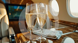 champagne on board a private jet. a flight on the board of a business class plane and two flutes of champagne. Toast in private