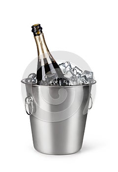 Champagne bottle in a bucket with ice