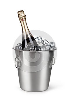 Champagne bottle in a bucket with ice