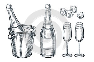 Champagne bottle in bucket with ice and two glasses. Vector sketch illustration. Hand drawn holiday design elements