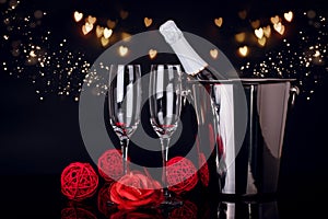 Champagne bottle in bucket, two wine glasses and red rose
