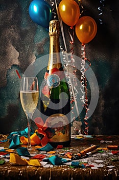 champagne bottle with confetti and party decorations