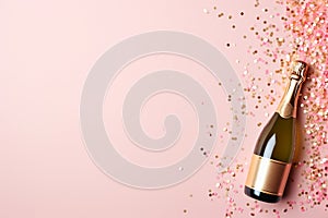 Champagne bottle with confetti on pastel background. Christmas or New Year party background with sparkling wine, celebration