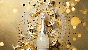 Champagne bottle with confetti stars, bokeh decoration and party streamers on golden background. Christmas, birthday or wedding