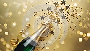 Champagne bottle with confetti stars, bokeh decoration and party streamers on golden background. Christmas, birthday or wedding