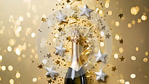 Champagne bottle with confetti stars, bokeh decoration and party streamers on golden background. Christmas, birthday or wedding