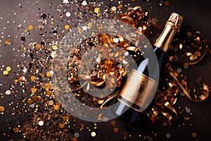 Champagne bottle with confetti stars, holiday decoration and party streamers on gold festive background