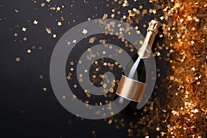 Champagne bottle with confetti stars, holiday decoration and party streamers on gold festive background