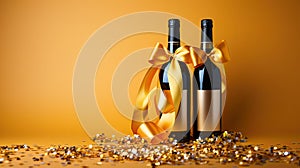 Champagne bottle with confetti stars and party streamers. Christmas, birthday or wedding yellow background. Copy space