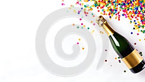 Champagne bottle with confetti stars and party streamers on white festive background. Christmas, birthday or wedding concept