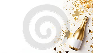 Champagne bottle with confetti stars and party streamers on white festive background. Christmas, birthday or wedding concept