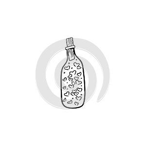 Champagne bottle with cork full with hearts gas in black isolated on white background. Hand drawn vector sketch illustration in