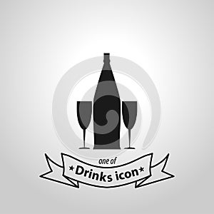 Champagne bottle explosion with cheering glasses sign. Champagne bottle isolated simple icon