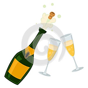 Champagne bottle explosion and glasses of wine vector