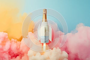 Champagne bottle flies up like a rocket. Champagne rocket launch as a symbol of holiday and party, beginning of vacation, travel