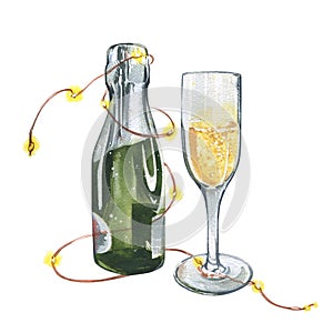 Champagne bottle and glass with garland isolated on white background. Watercolor hand drawn illustration. Art for design