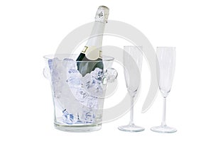 Champagne bottle and glass isolated on white
