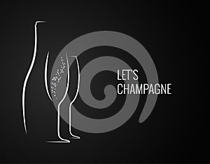 Champagne bottle and glass silhouette on back backgrond