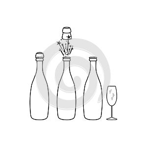 Champagne bottle and glass. Vector illustration. Holiday design elements. Black and white icon.