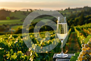 champagne bottle with glass in vineyard