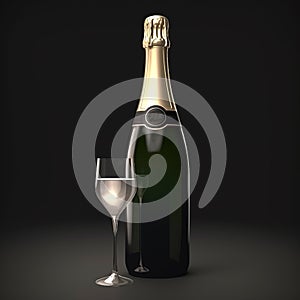 Champagne bottle and glass of wine, close-up on black, congratulatory background,